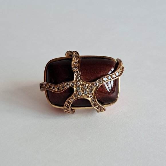 New Angelique de Paris Gold Plated Red Brown Tigereye Cage Ring Size 7 - Picture 9 of 16